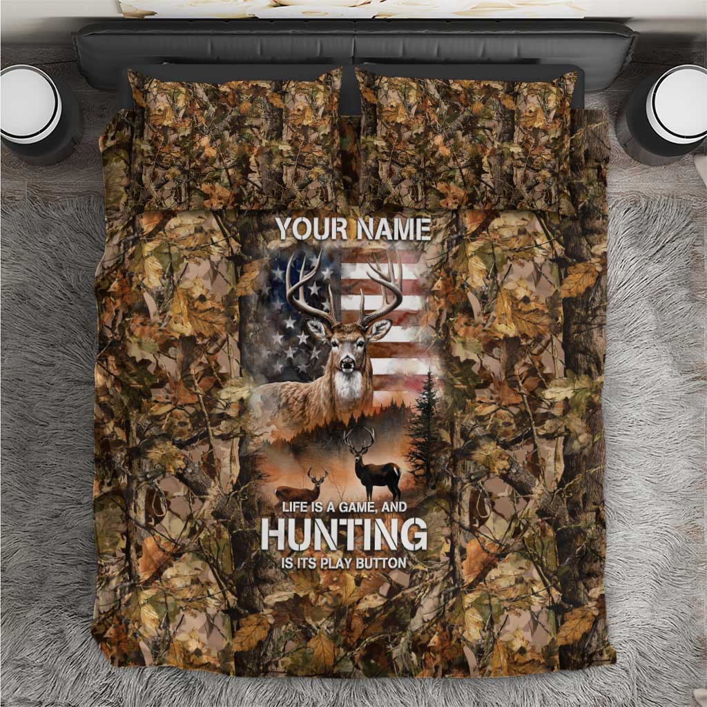 Personalized Buck Deer Hunting Bedding Set American Flag Sunset Forest in Camouflage