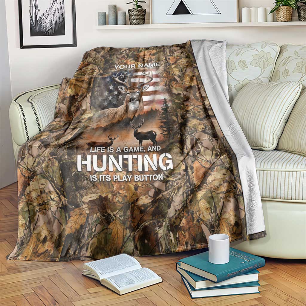 Personalized Buck Deer Hunting Blanket American Flag Sunset Forest in Camouflage