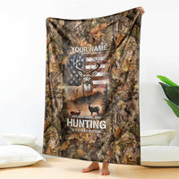 Personalized Buck Deer Hunting Blanket American Flag Sunset Forest in Camouflage
