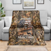 Personalized Buck Deer Hunting Blanket American Flag Sunset Forest in Camouflage