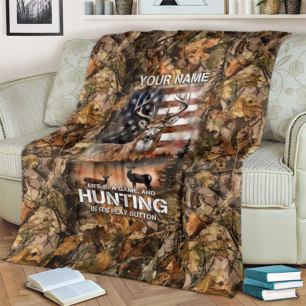 Personalized Buck Deer Hunting Blanket American Flag Sunset Forest in Camouflage
