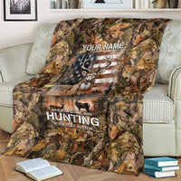 Personalized Buck Deer Hunting Blanket American Flag Sunset Forest in Camouflage