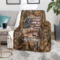 Personalized Buck Deer Hunting Blanket American Flag Sunset Forest in Camouflage