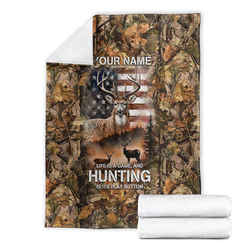 Personalized Buck Deer Hunting Blanket American Flag Sunset Forest in Camouflage