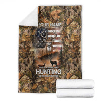 Personalized Buck Deer Hunting Blanket American Flag Sunset Forest in Camouflage