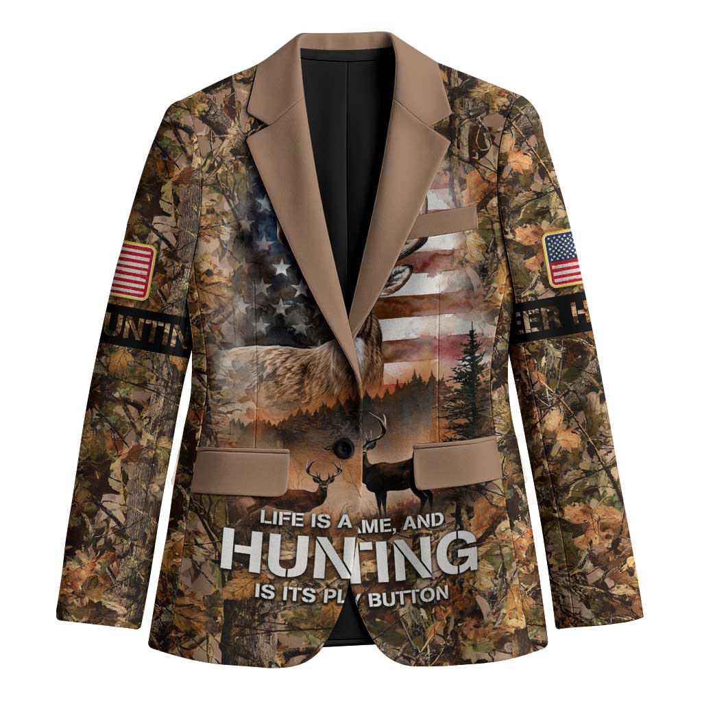 Personalized Buck Deer Hunting Blazer American Flag Sunset Forest in Camouflage