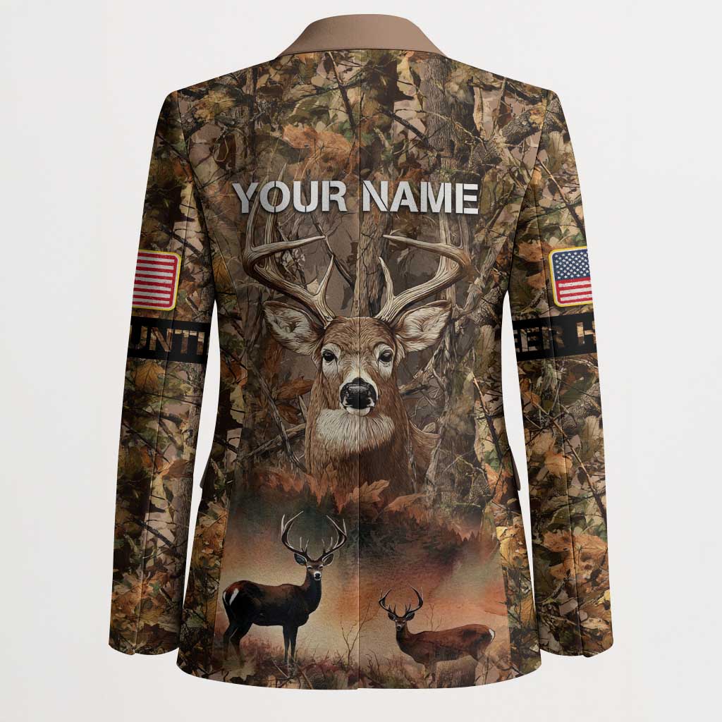 Personalized Buck Deer Hunting Blazer American Flag Sunset Forest in Camouflage