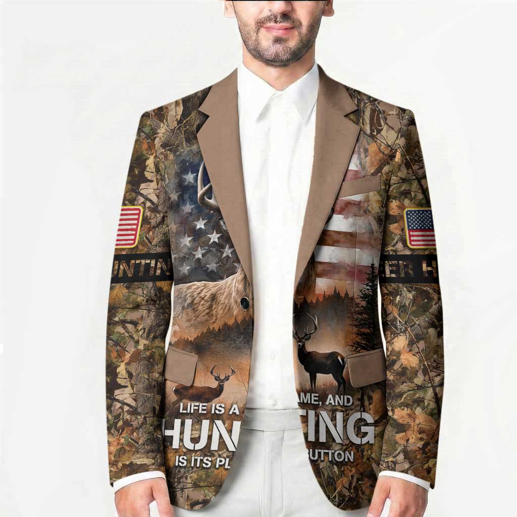 Personalized Buck Deer Hunting Blazer American Flag Sunset Forest in Camouflage