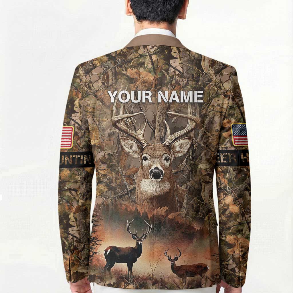 Personalized Buck Deer Hunting Blazer American Flag Sunset Forest in Camouflage