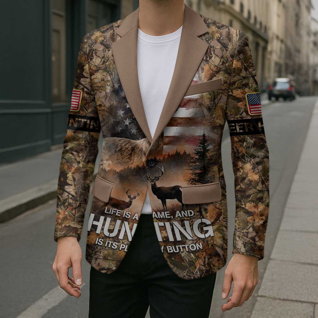 Personalized Buck Deer Hunting Blazer American Flag Sunset Forest in Camouflage