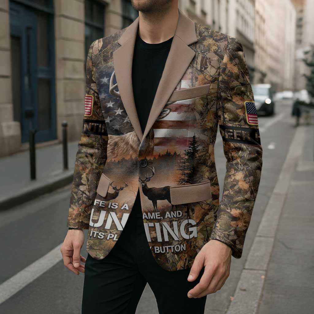 Personalized Buck Deer Hunting Blazer American Flag Sunset Forest in Camouflage