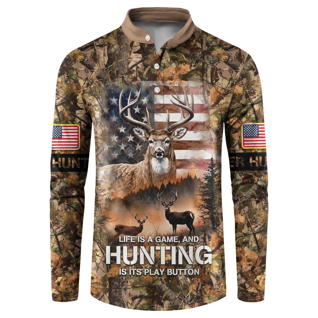 Personalized Buck Deer Hunting Button Sweatshirt American Flag Sunset Forest in Camouflage