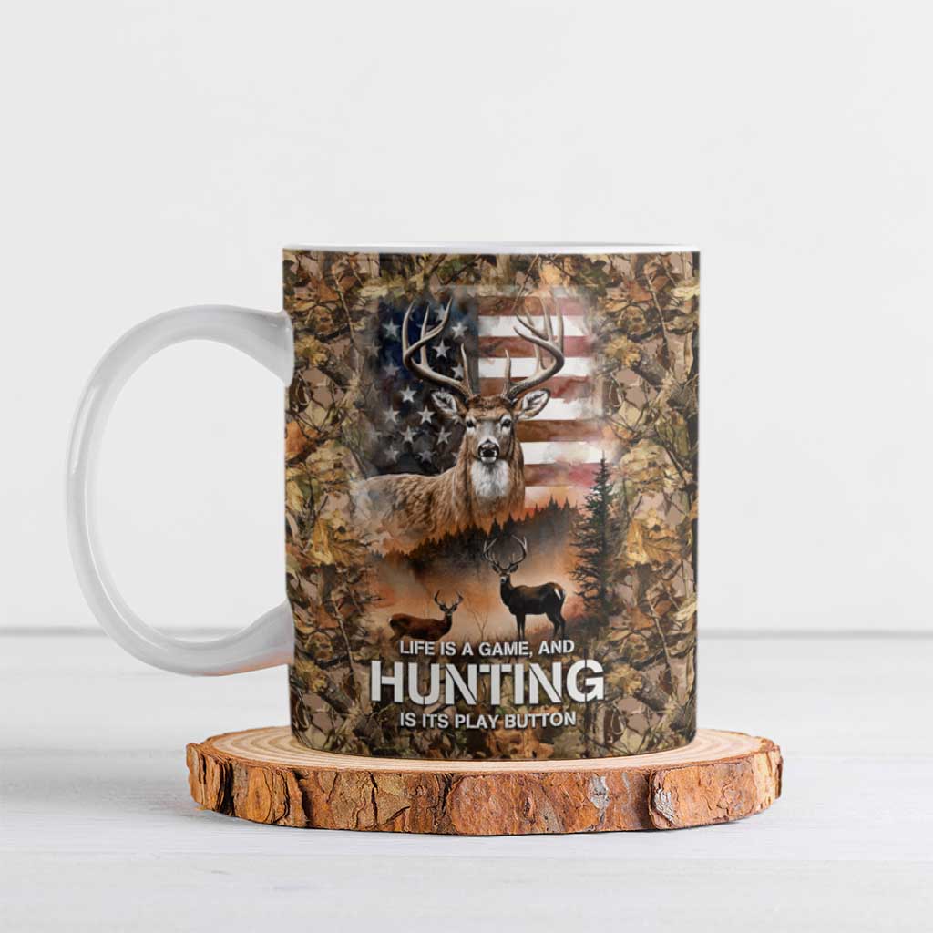 Personalized Buck Deer Hunting Ceramic Mug American Flag Sunset Forest in Camouflage
