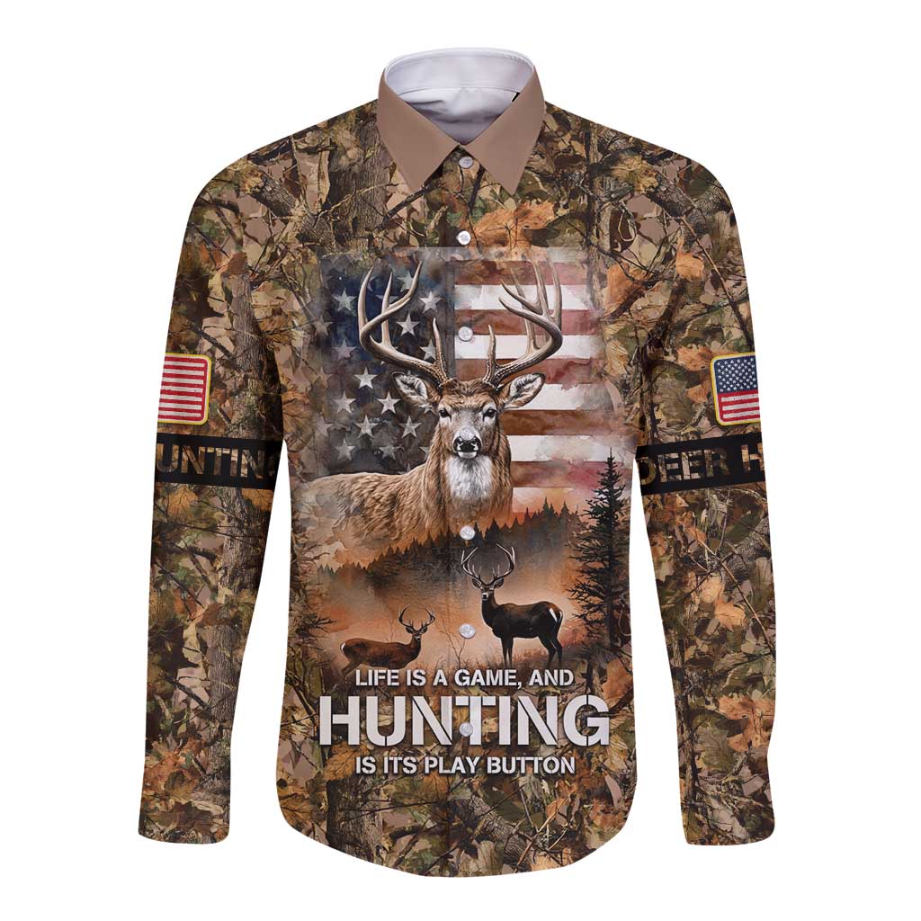 Personalized Buck Deer Hunting Long Sleeve Button Shirt American Flag Sunset Forest in Camouflage