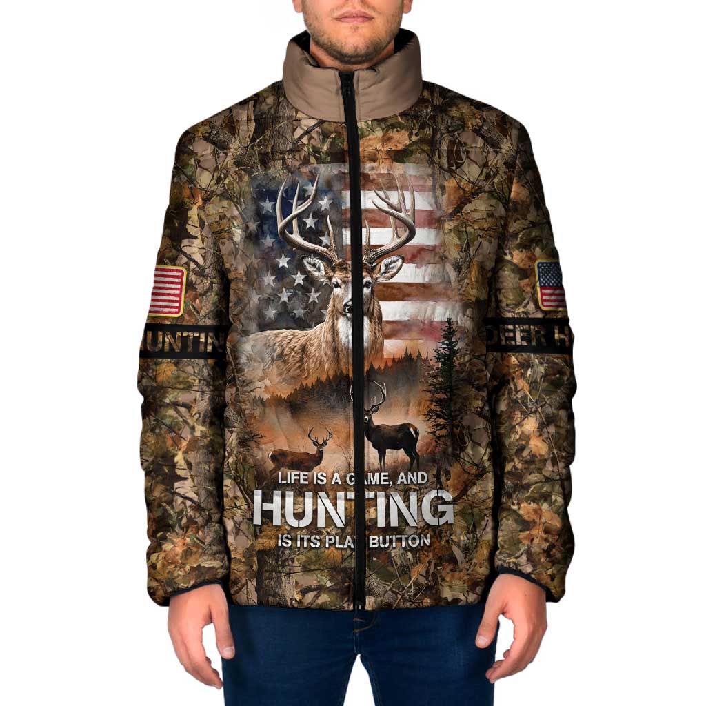 Personalized Buck Deer Hunting Padded Jacket American Flag Sunset Forest in Camouflage