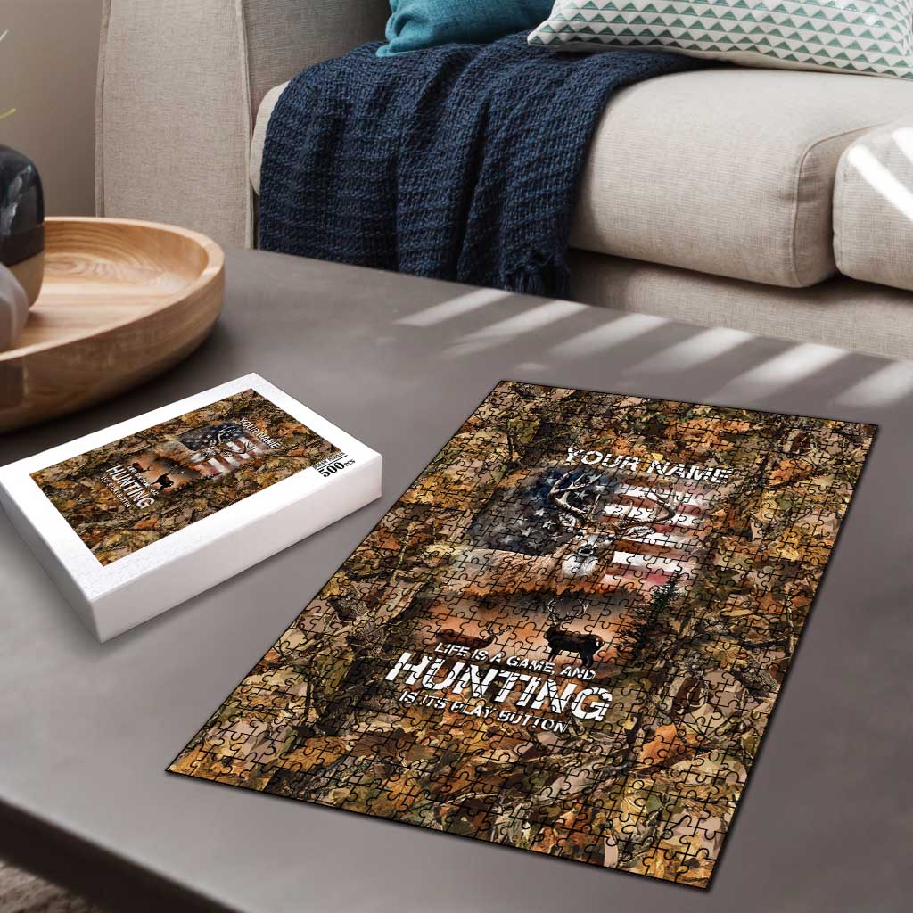 Personalized Buck Deer Hunting Puzzle American Flag Sunset Forest in Camouflage