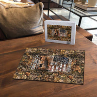 Personalized Buck Deer Hunting Puzzle American Flag Sunset Forest in Camouflage