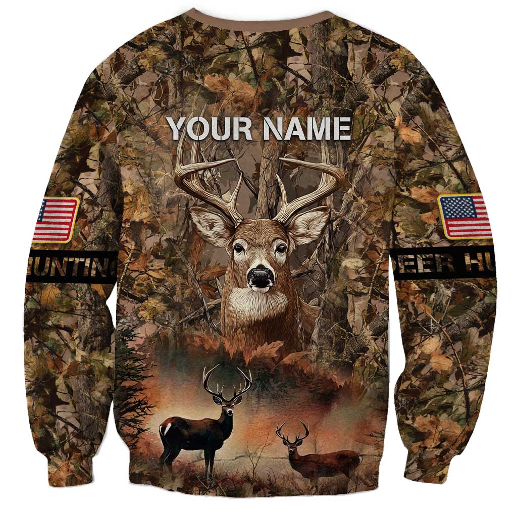 Personalized Buck Deer Hunting Sweatshirt American Flag Sunset Forest in Camouflage