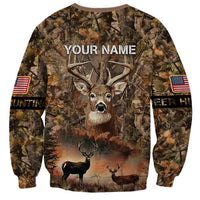 Personalized Buck Deer Hunting Sweatshirt American Flag Sunset Forest in Camouflage
