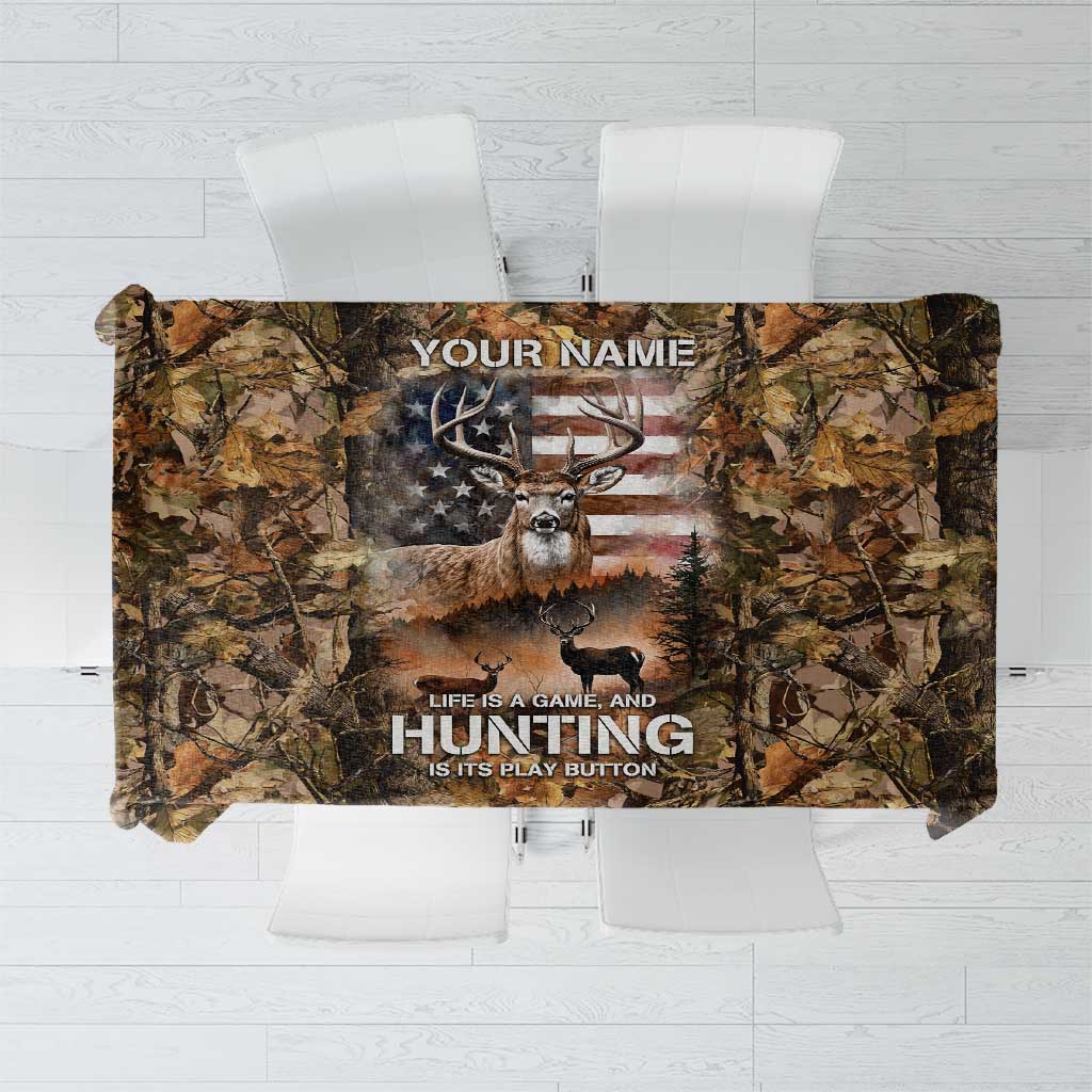 Personalized Buck Deer Hunting Tablecloth American Flag Sunset Forest in Camouflage