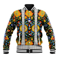 Multicolor folk floral baseball jacket with national crest emblem, striped ribbed cuffs