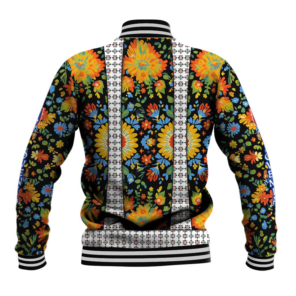 Multicolor folk floral baseball jacket with vertical stripe panel and ribbed cuffs