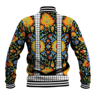 Multicolor folk floral baseball jacket with vertical stripe panel and ribbed cuffs