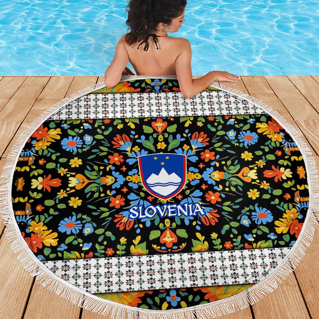 Slovenia Folk Art Beach Blanket Bright Floral Pattern with National Crest Emblem