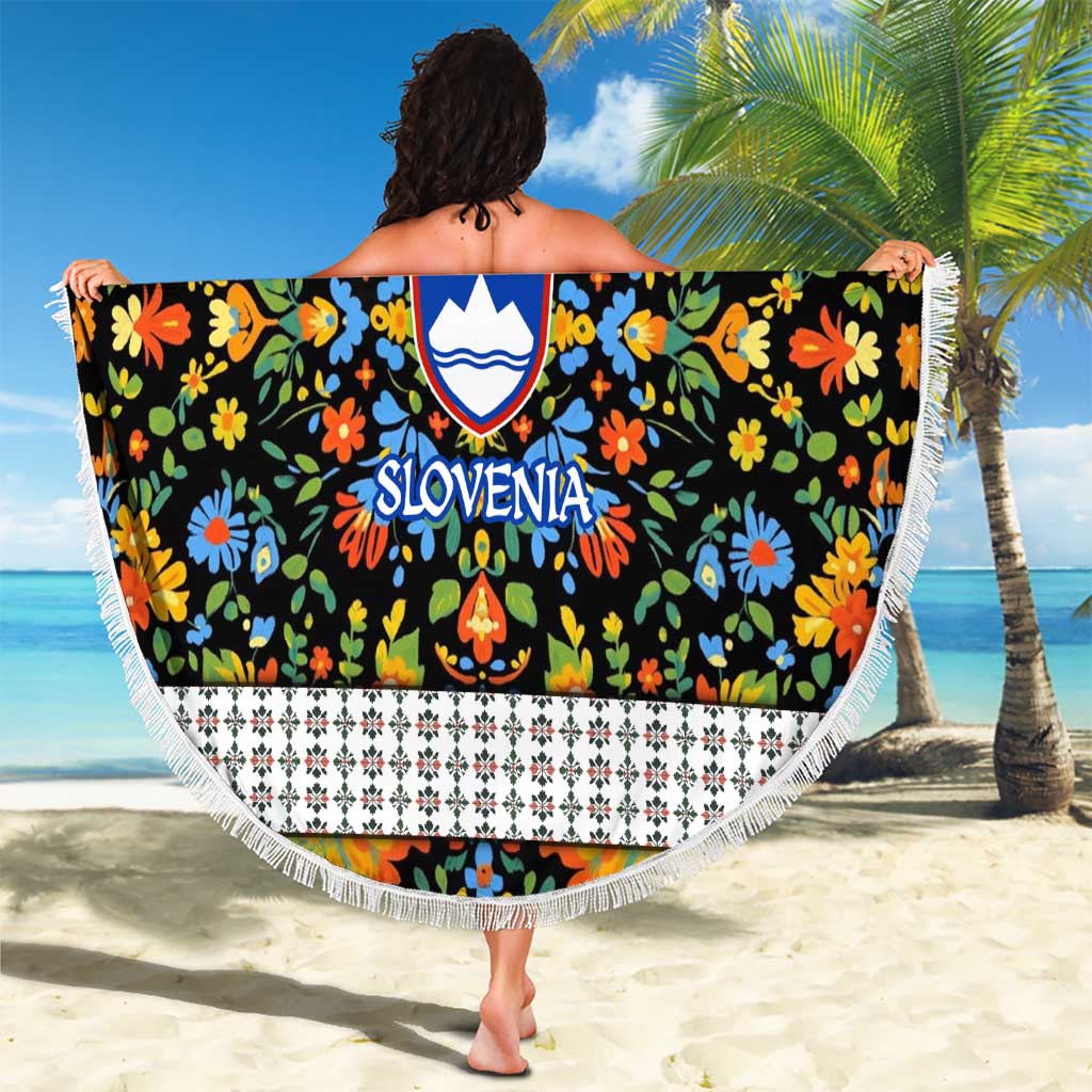 Slovenia Folk Art Beach Blanket Bright Floral Pattern with National Crest Emblem