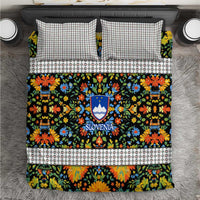 Folk art bedding set with multicolor floral design and Slovenia crest, matching pillowcases