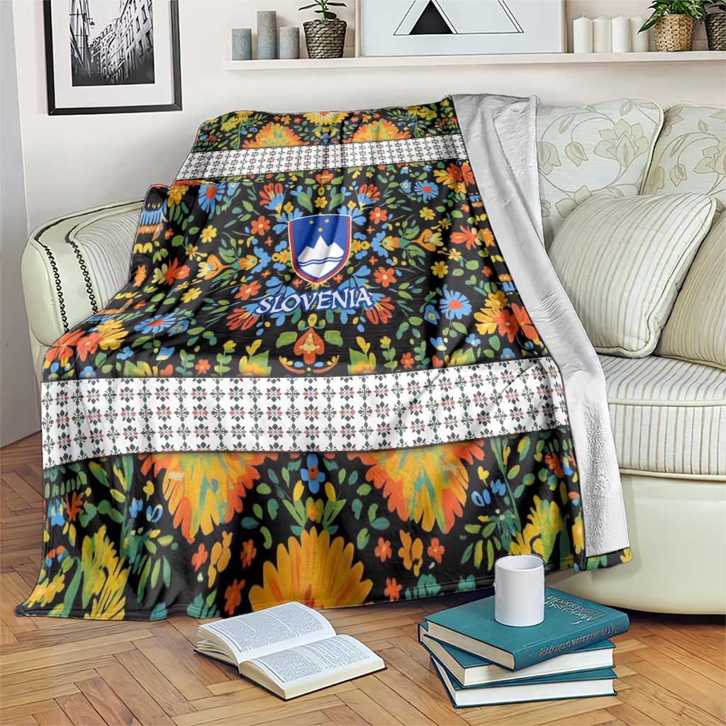Slovenia Folk Art Blanket Bright Floral Pattern with National Crest Emblem