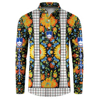 Multicolor folk floral button sweatshirt with shield crest, long sleeves, high collar.