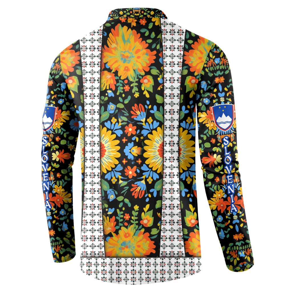 Multicolor floral hoodless sweatshirt with white patterned center panel and blue crest badge.