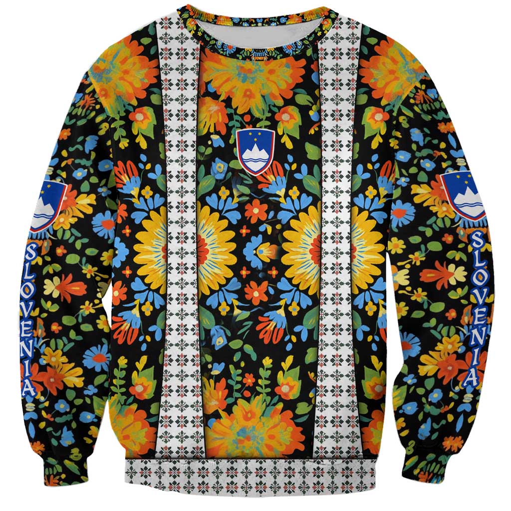 Slovenia Folk Art Sweatshirt Bright Floral Pattern with National Crest Emblem