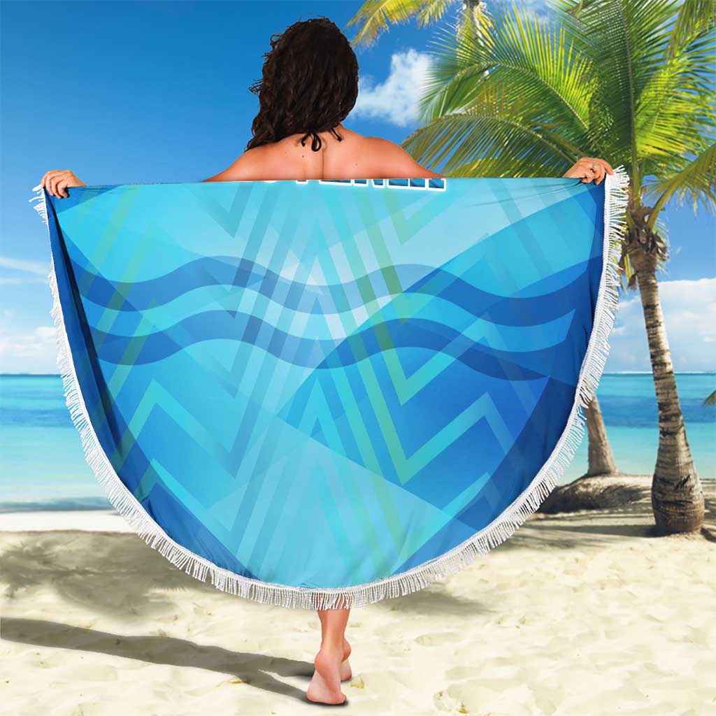 Round blue beach blanket with white fringe, alpine pattern with crest and SLOVENIA