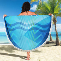 Round blue beach blanket with white fringe, alpine pattern with crest and SLOVENIA
