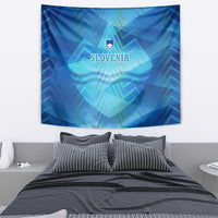 Blue Slovenia tapestry with crest and centered Slovenia lettering, geometric alpine design.