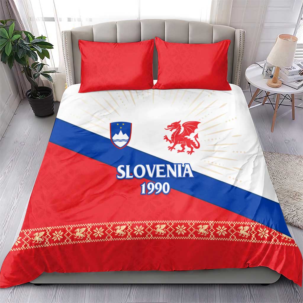Duvet cover with red and blue diagonals, white center, and Slovenia 1990 dragon design