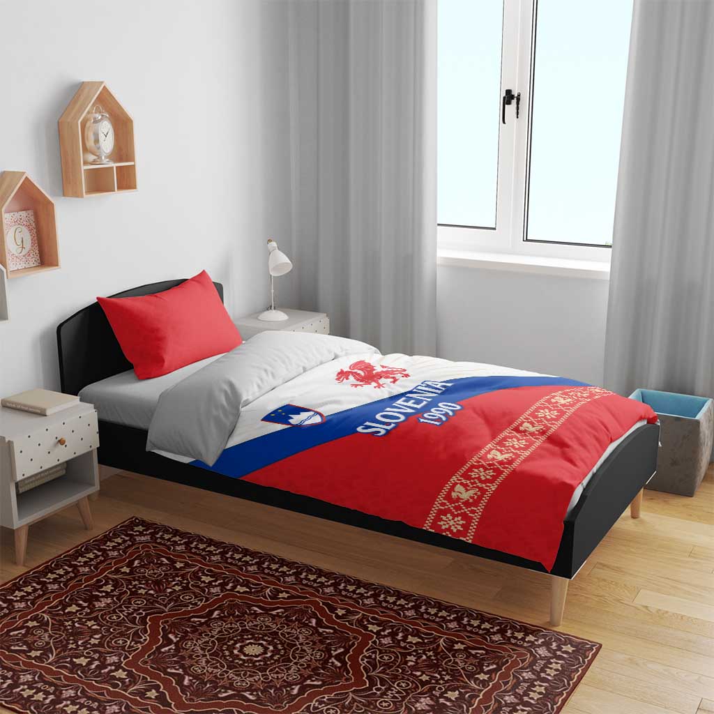 Bedroom bed with duvet featuring Slovenia 1990 dragon emblem in red, blue, and white