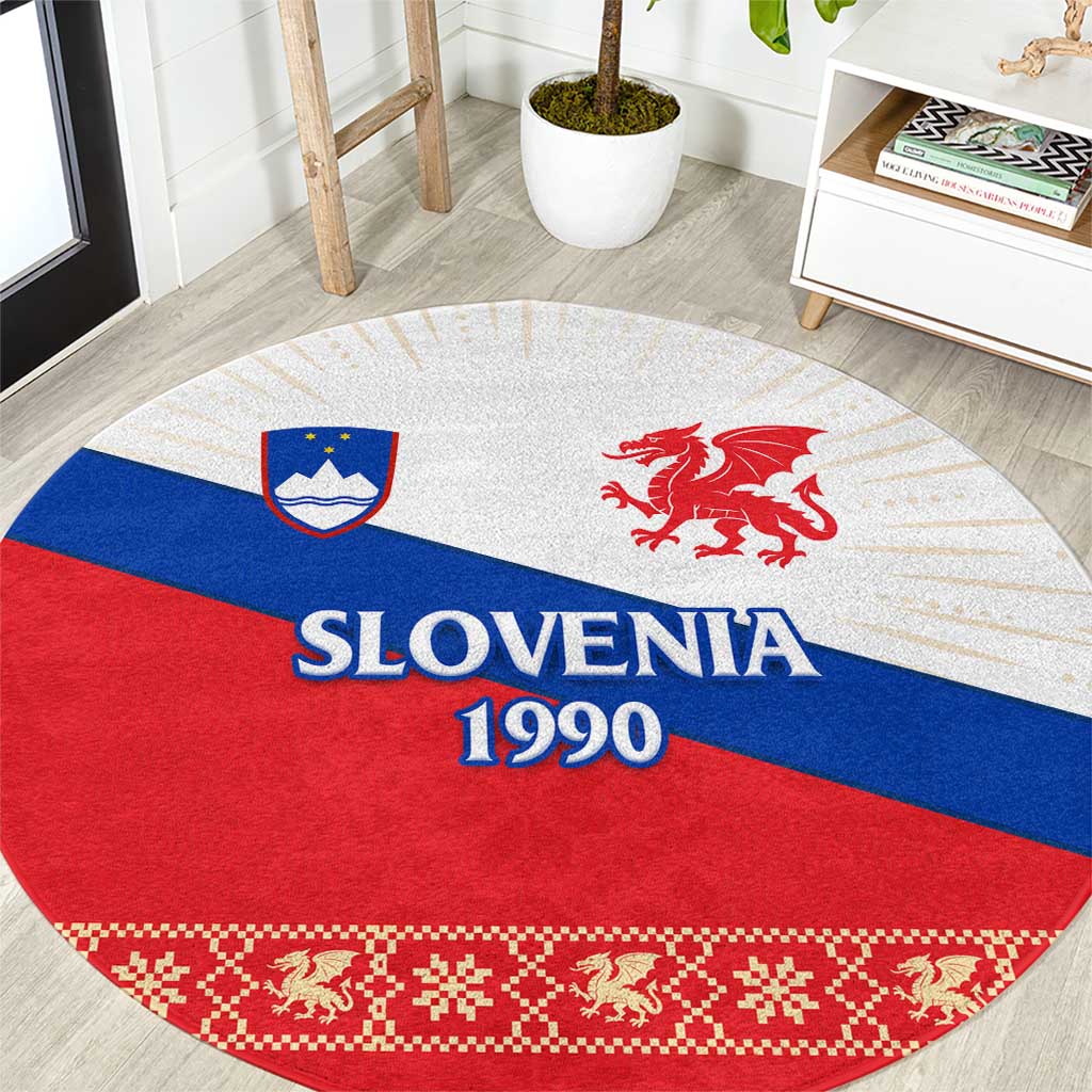 Slovenian Independence Round Carpet 1990 Tribute with Dragon Emblem and Alpine Legacy