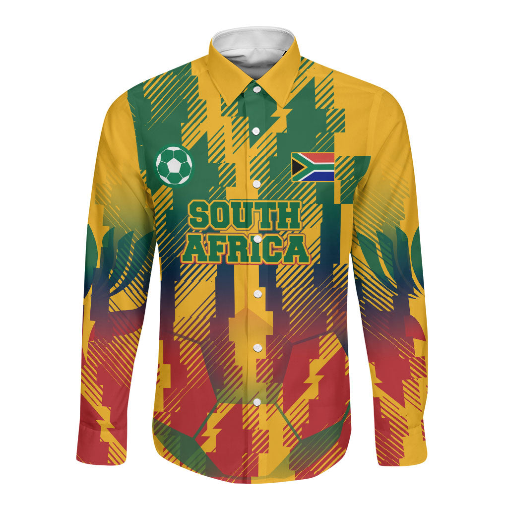 Personalized South Africa Football Long Sleeve Button Shirt South African Flag Inspiration - Soccer Graphic Bold Color Blocks