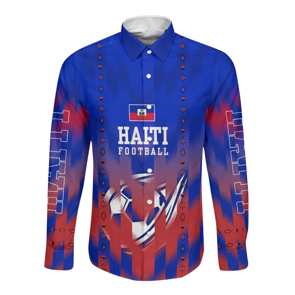 Personalized Haiti Football Long Sleeve Button Shirt Brush Stroke Soccer Graphic Flag Colors