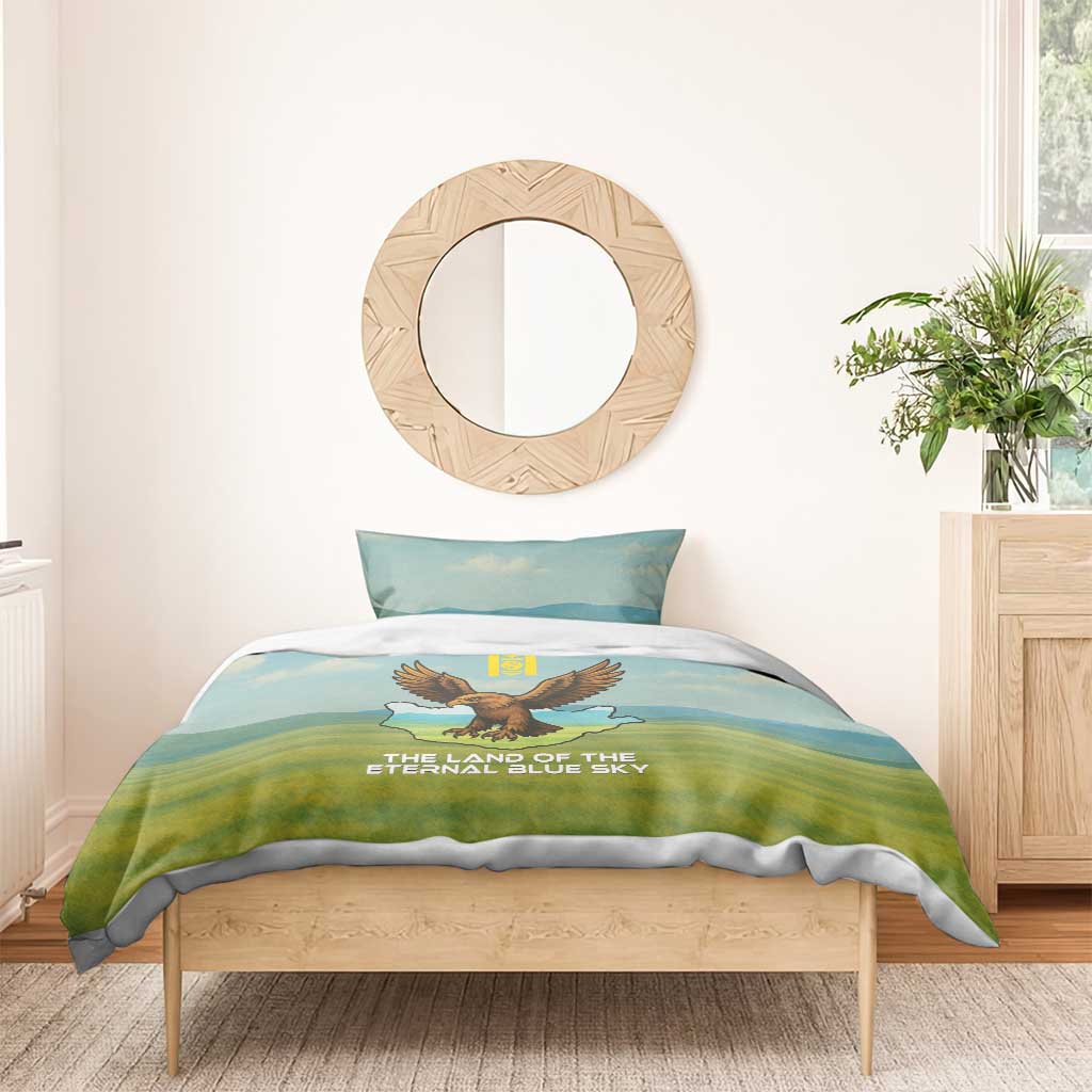 Mongolia Bedding Set with Eagle Map Eternal Blue Sky Steppe Spirit