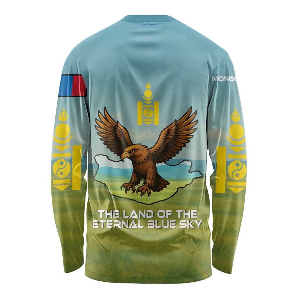 Mongolia Long Sleeve Shirt with Eagle Map Eternal Blue Sky Steppe Spirit