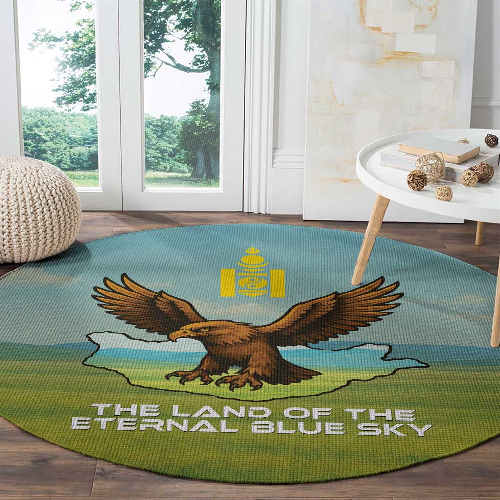 Mongolia Round Carpet with Eagle Map Eternal Blue Sky Steppe Spirit