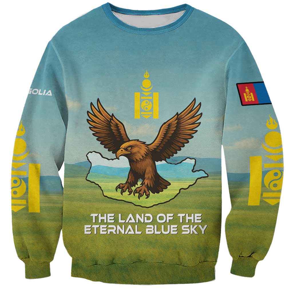 Mongolia Sweatshirt with Eagle Map Eternal Blue Sky Steppe Spirit