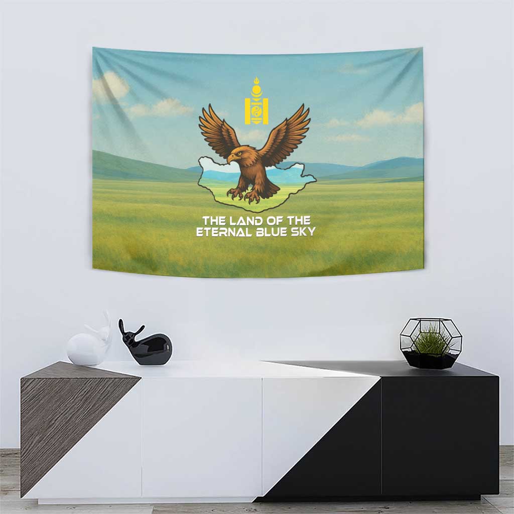 Mongolia Tapestry with Eagle Map Eternal Blue Sky Steppe Spirit