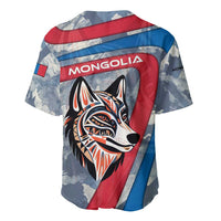 Multicolor baseball jersey back with Mongolia text and wolf graphic in red and blue