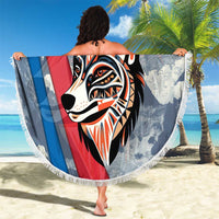 Mongolia Beach Blanket with Tribal Wolf Clouds Red Blue Flag Spirit