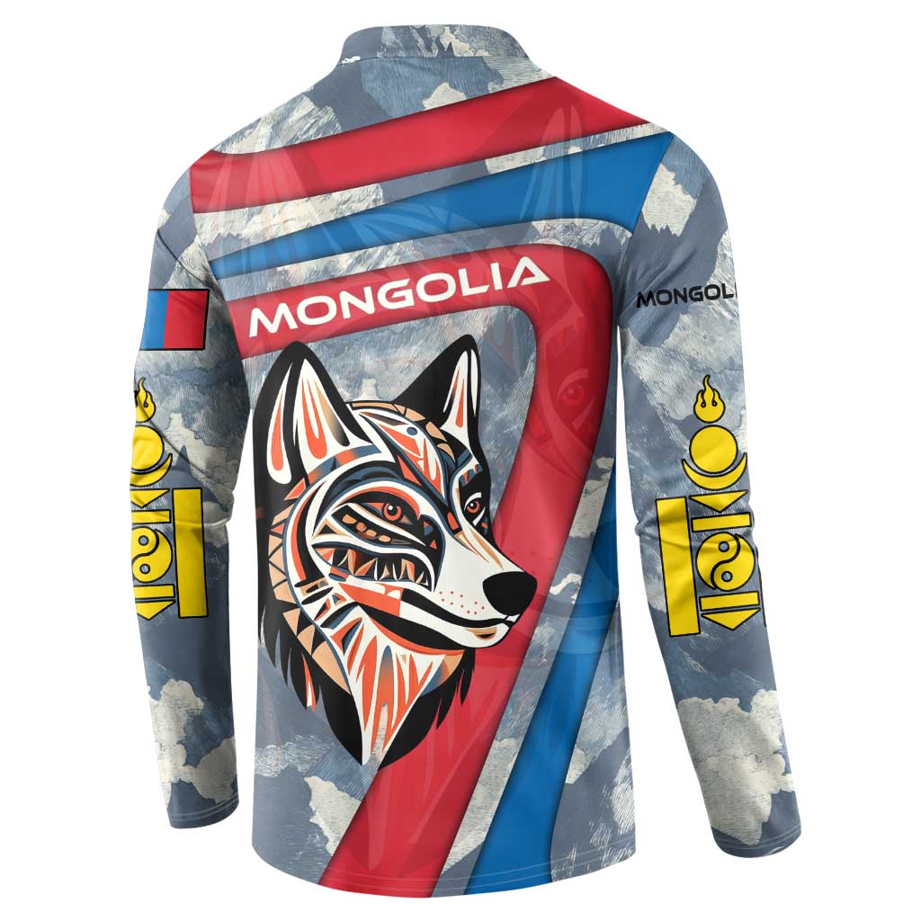 Mongolia Button Sweatshirt with Tribal Wolf Clouds Red Blue Flag Spirit